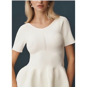 Anthropologie Maeve Short-Sleeve Peplum Ivory Ribbed Scoop Back Sweater XL